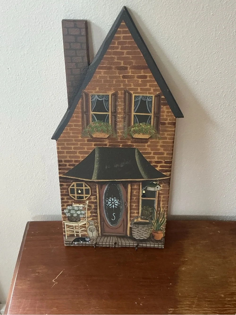 HandPainted Wooden House KEY HOLDER Wall Hanging Decor 4Hooks Blue Country House